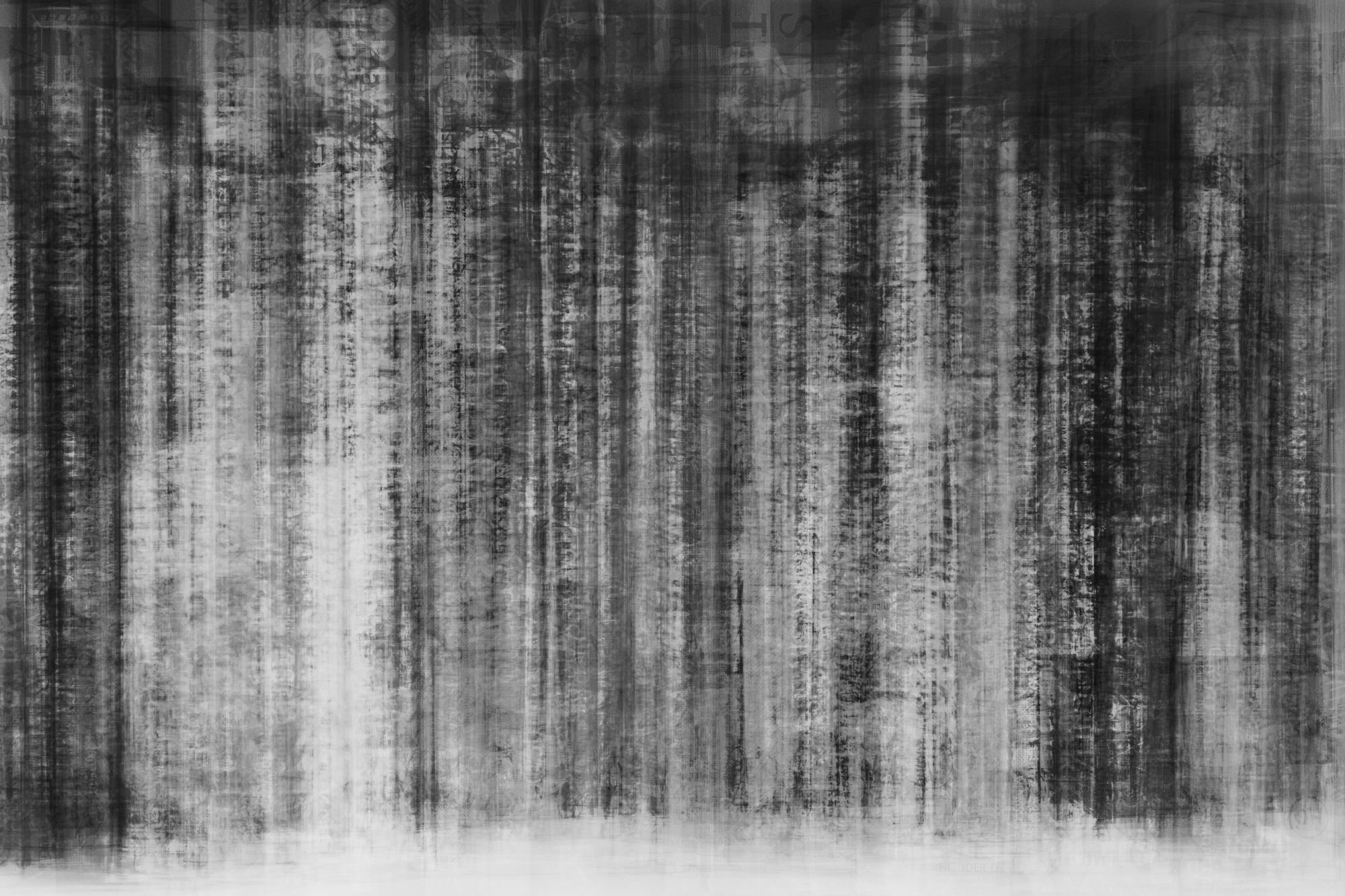 Photograph by Josh Murfitt. Black-and-white multiple exposure of many bookshelves layered into one image: blurred vertical bands of book spines with traces of lettering.